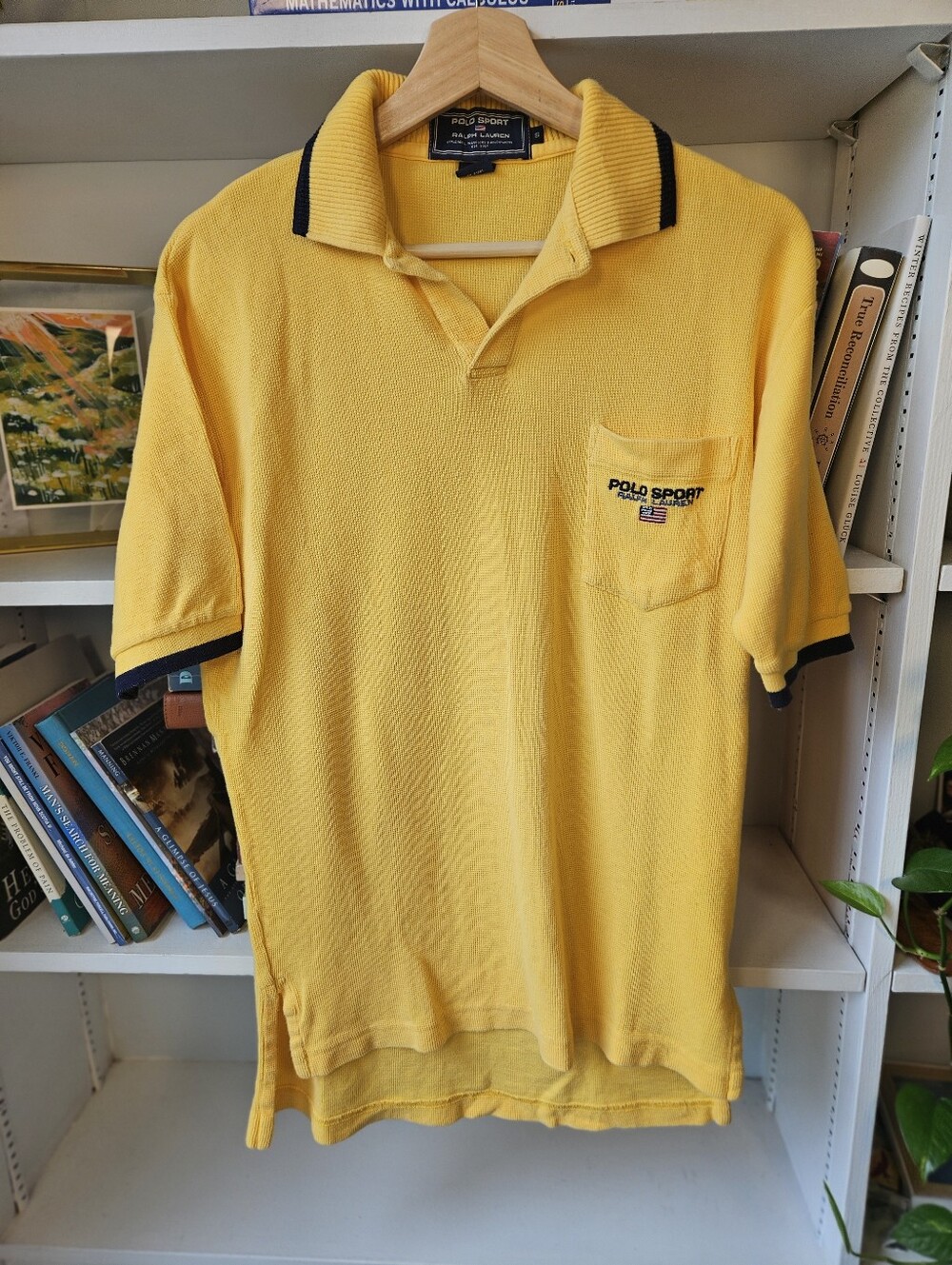 Ralph Lauren Polo Sport Yellow Polo Black Trim Embroidered Cotton Size Small